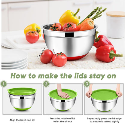 TeamFar Mixing Bowls with Lids Set, 7/3.5/2.5/1.5/1 QT, Stainless Steel Large Red Nesting Metal Salad Mixing Bowl Set of 5, Healthy & Easy Clean, Airtight Lid & Non-slip Bottom