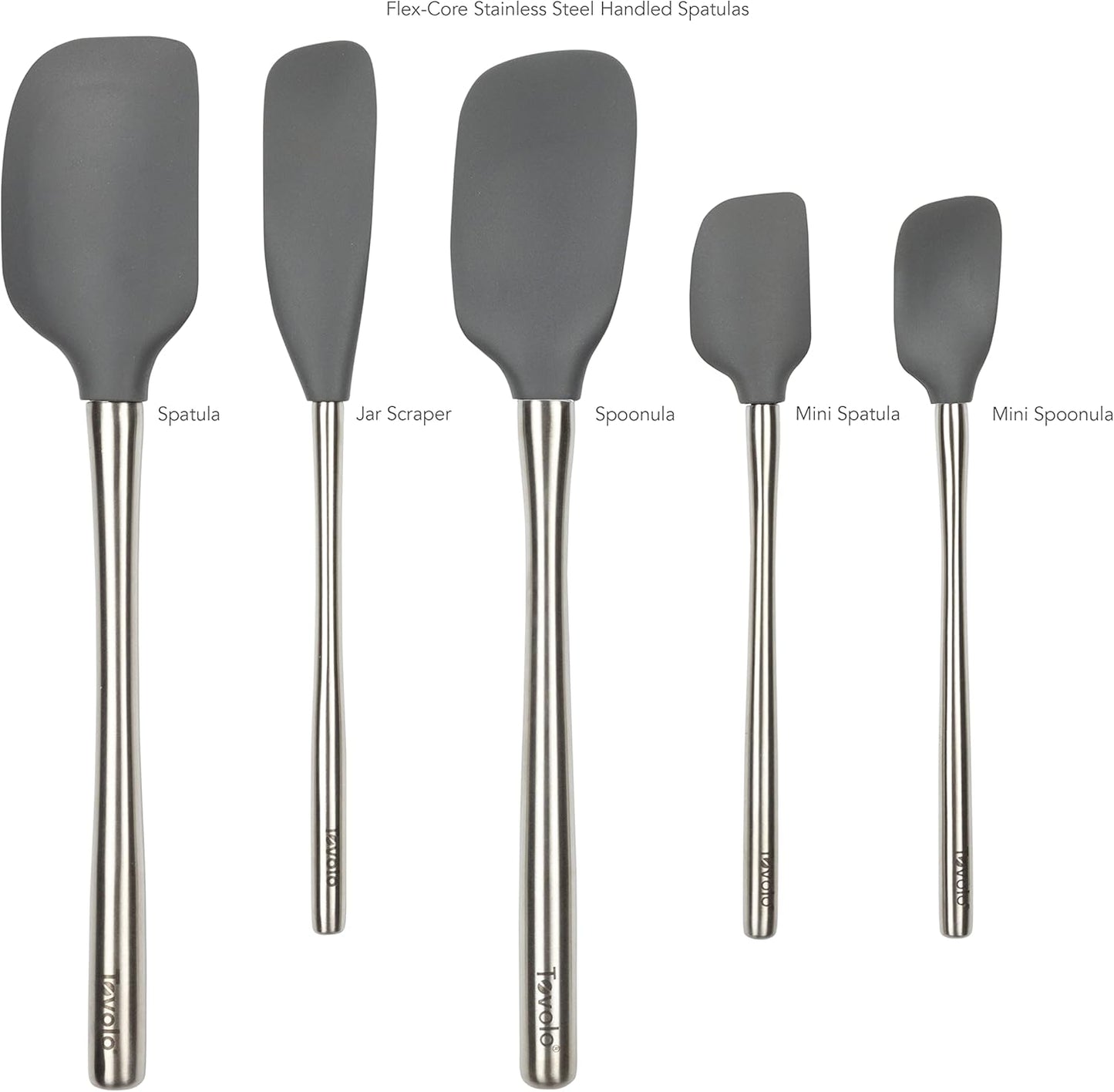 Tovolo Stainless Steel Handled Silicone Spatula Set of 5 White, Dishwasher Safe Kitchen Spatula Set for Cooking Baking, Non Toxic BPA Free Silicone Spatula set with Metal Steel Handle