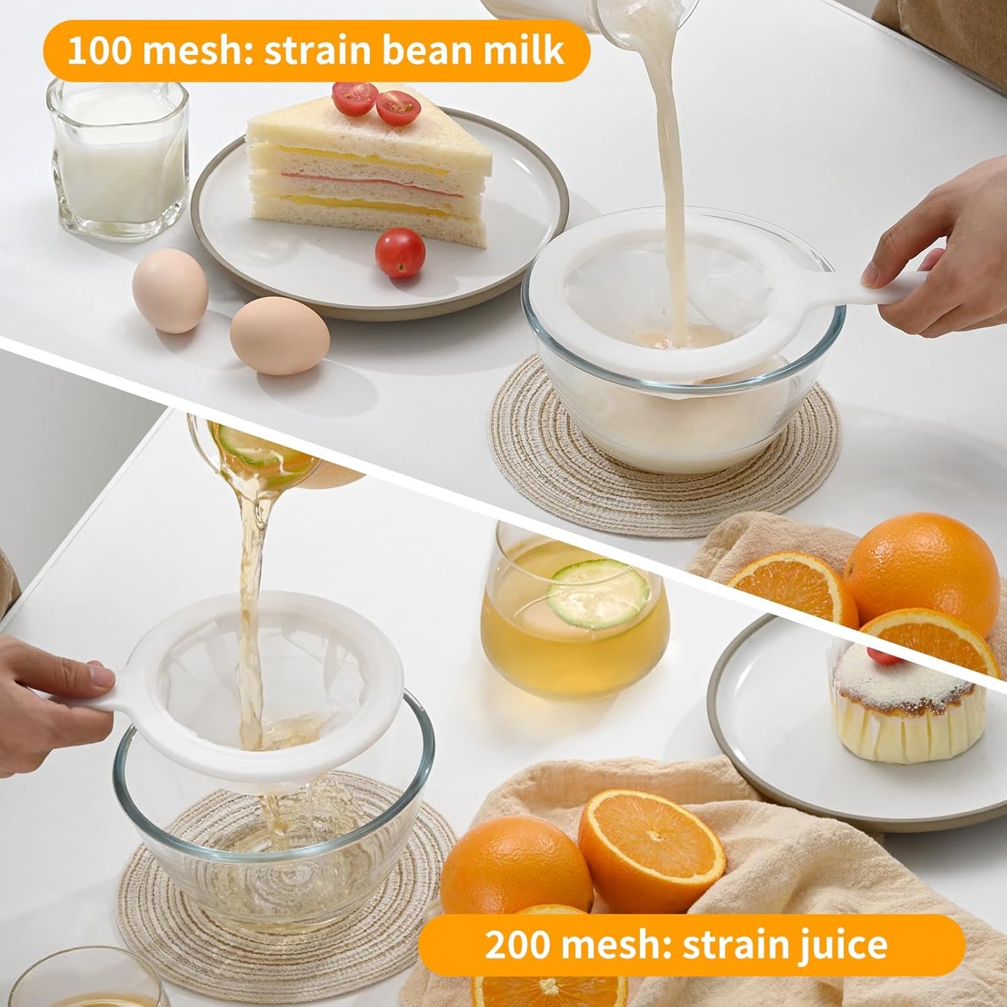 Premium Multi-Mesh Strainer Set, 4 Pack - 100/200/300/400 Mesh, Nylon & Plastic Fine Mesh Sieve for Tea, Coffe, Nut Milk, Juice, Broth, Smoothies, Reusable & Easy to Clean, Durable,Dishwarer Safe