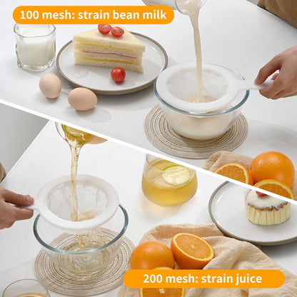 Premium Multi-Mesh Strainer Set, 4 Pack - 100/200/300/400 Mesh, Nylon & Plastic Fine Mesh Sieve for Tea, Coffe, Nut Milk, Juice, Broth, Smoothies, Reusable & Easy to Clean, Durable,Dishwarer Safe