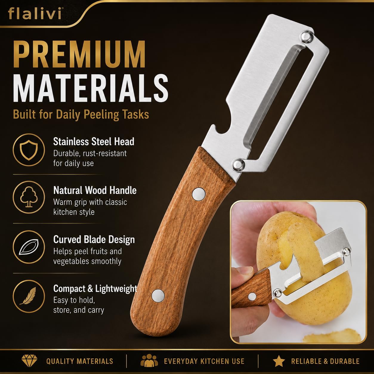 2-in-1 Multifunctional Vegetable Peeler, Wooden Handle & Bottle Opener Stainless Steel Potato Peeler, Kitchen Peeler for Fruits and veggies (Left Hand Version)