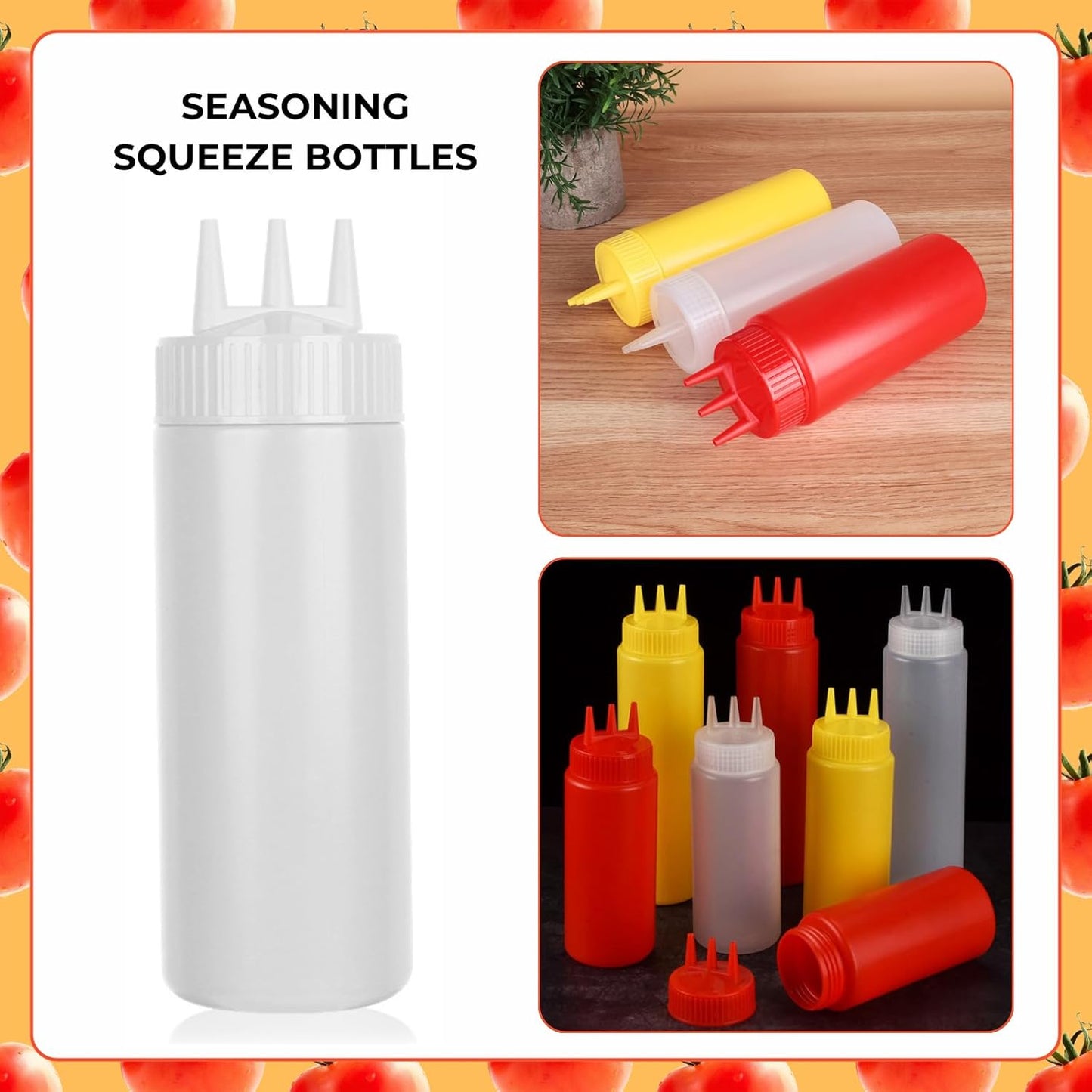beyonday 3pcs Seasoning Squeeze Bottles, 3 Hole Ketchup Mustard Dressing Squeeze Squirt Bottles, Salad Sauce Condiment Cream Squeeze Bottles for Kitchen Restaurant Bakery (24oz, Multicolor)