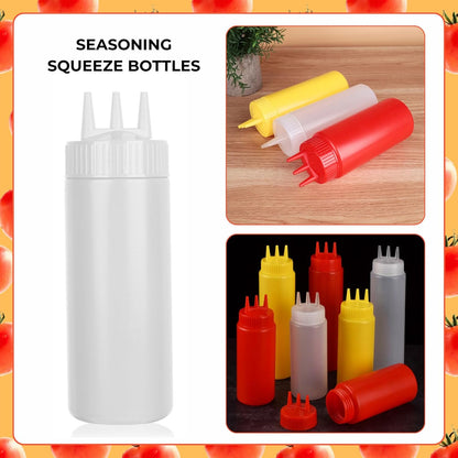 beyonday 3pcs Seasoning Squeeze Bottles, 3 Hole Ketchup Mustard Dressing Squeeze Squirt Bottles, Salad Sauce Condiment Cream Squeeze Bottles for Kitchen Restaurant Bakery (24oz, Multicolor)