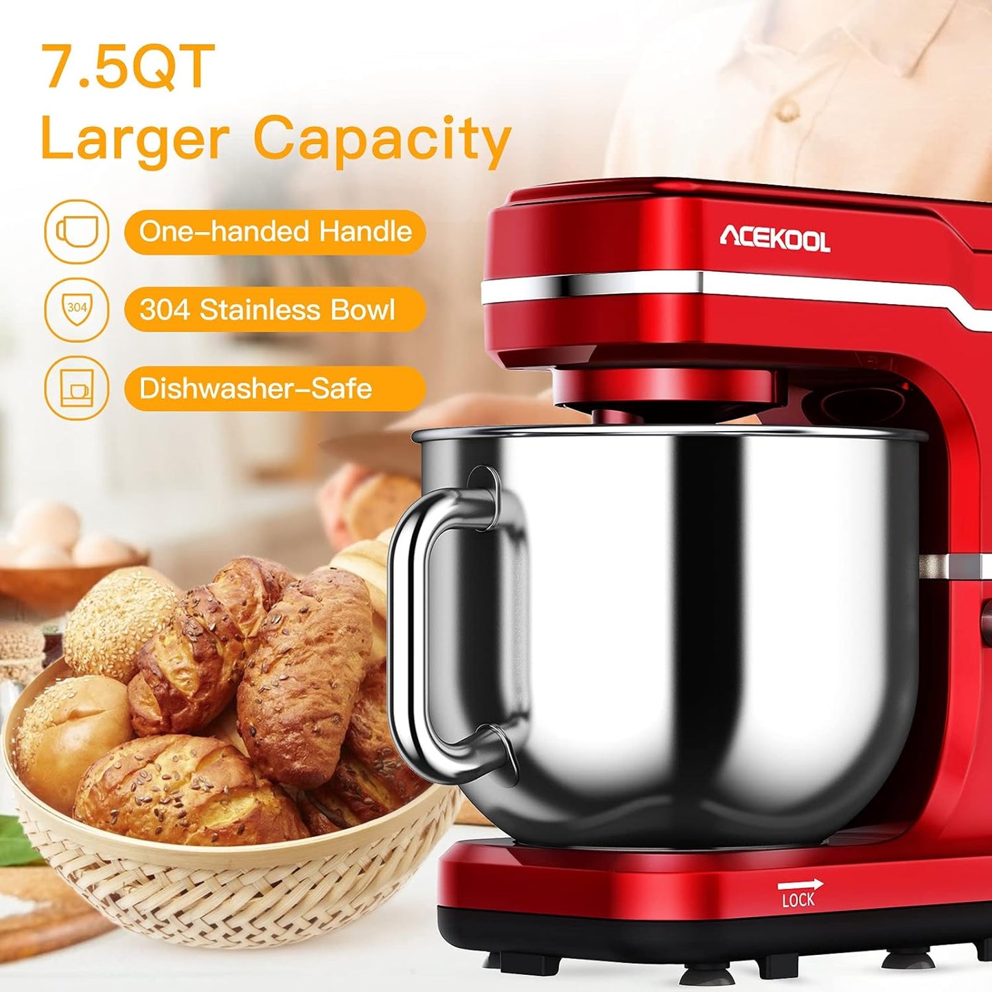 Stand Mixer, 7.5QT 660W Electric Dough Mixer, Kitchen 10-Speed Tilt-Head Food Mixer for Baking&Cake, with Stainless Steel Bowl, Whisk, Dough Hook, Beater, Splash Guard(RED) MC1