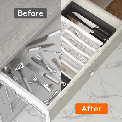 Lifewit Silverware Drawer Organizer, Expandable Utensil Tray for Kitchen, BPA Free Flatware and Cutlery Holder, Adjustable Plastic Storage for Spoons Forks Knives, 11-18 x 14", Black
