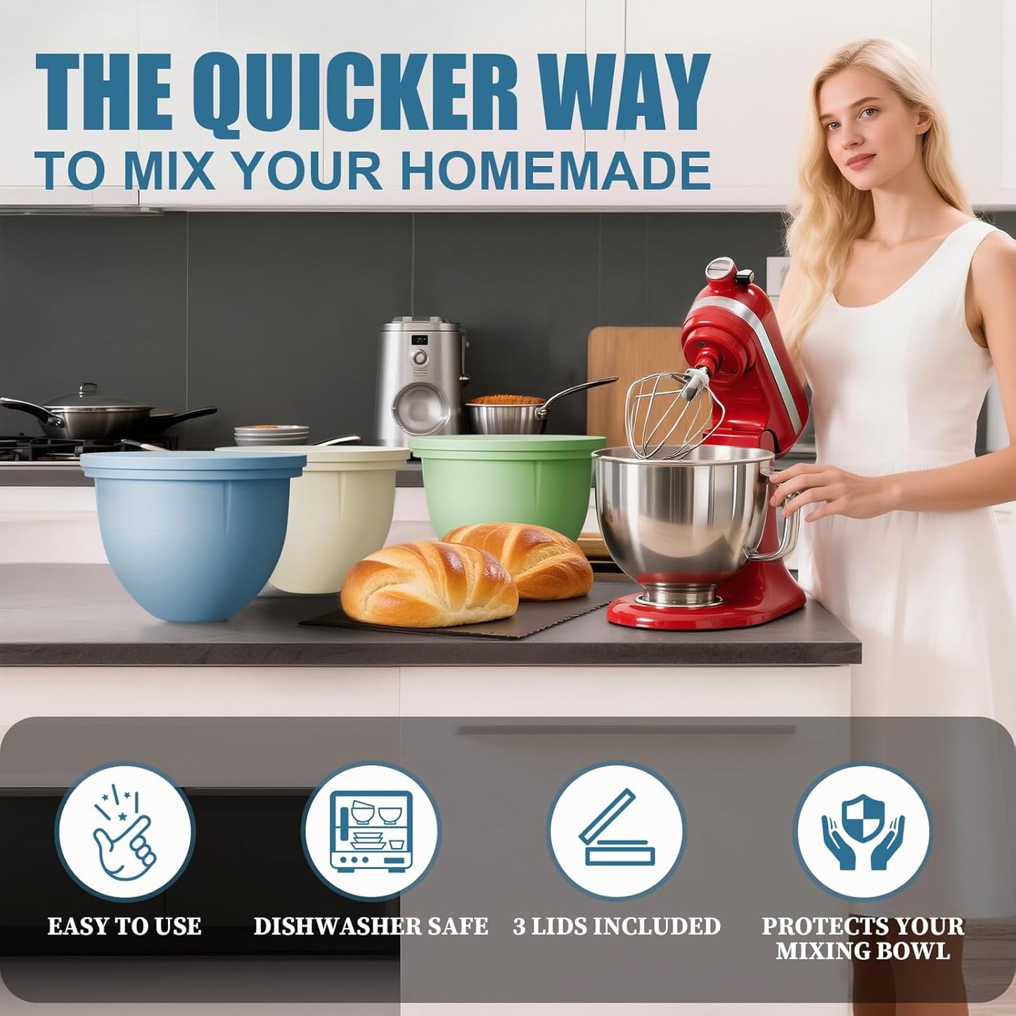 GuanQiao Silicone Bowl Liners for 5 Qt KitchenAid Mixers, 3 Liners with Lids