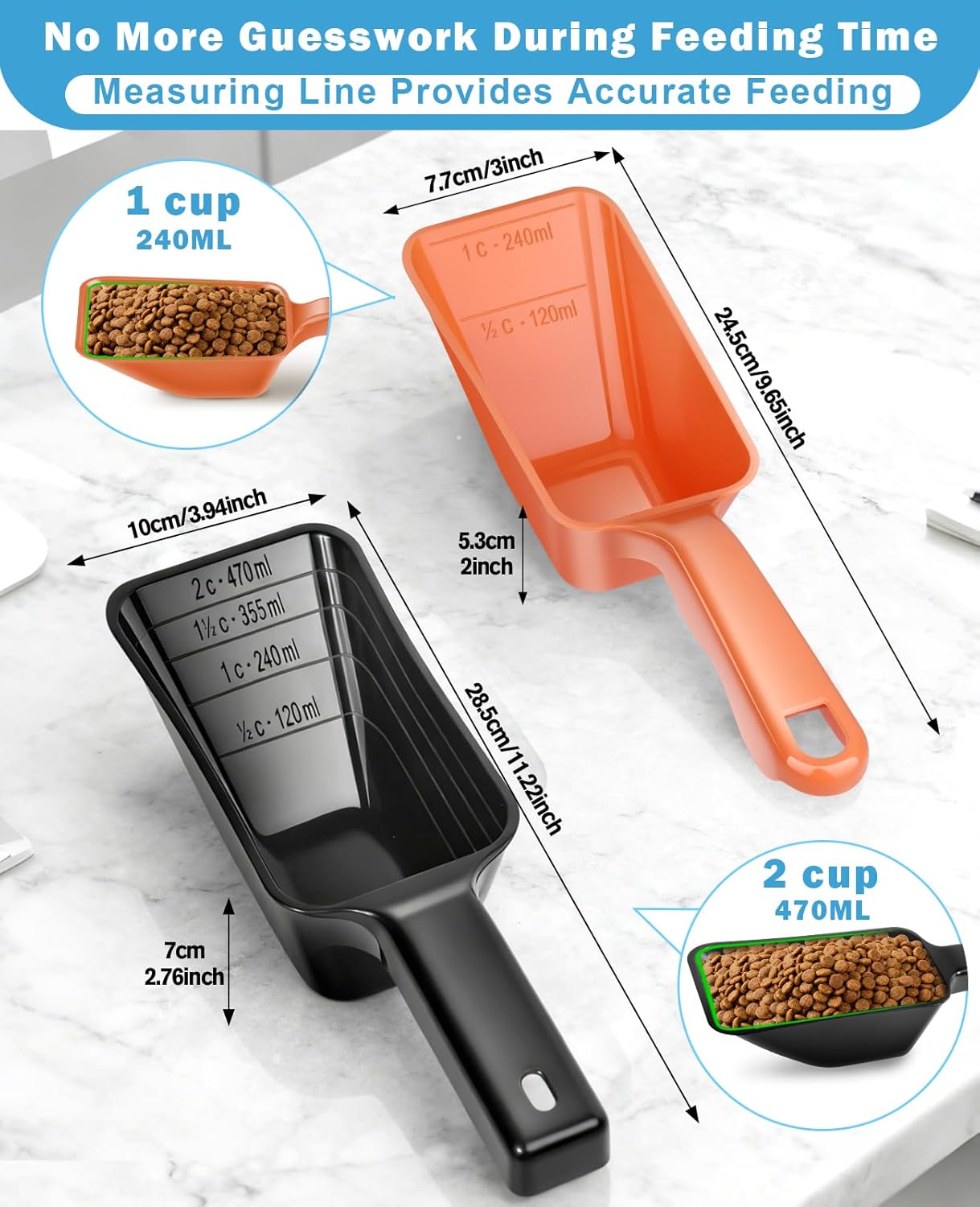 2-Pack Dog Food Scoop Set,1 Cup and 2 Cup Plastic Pet Food Measuring Scoops with Clear Measurement Lines,Multi-Purpose Pet Food Scooper for Dogs, Cats (Green and Black)