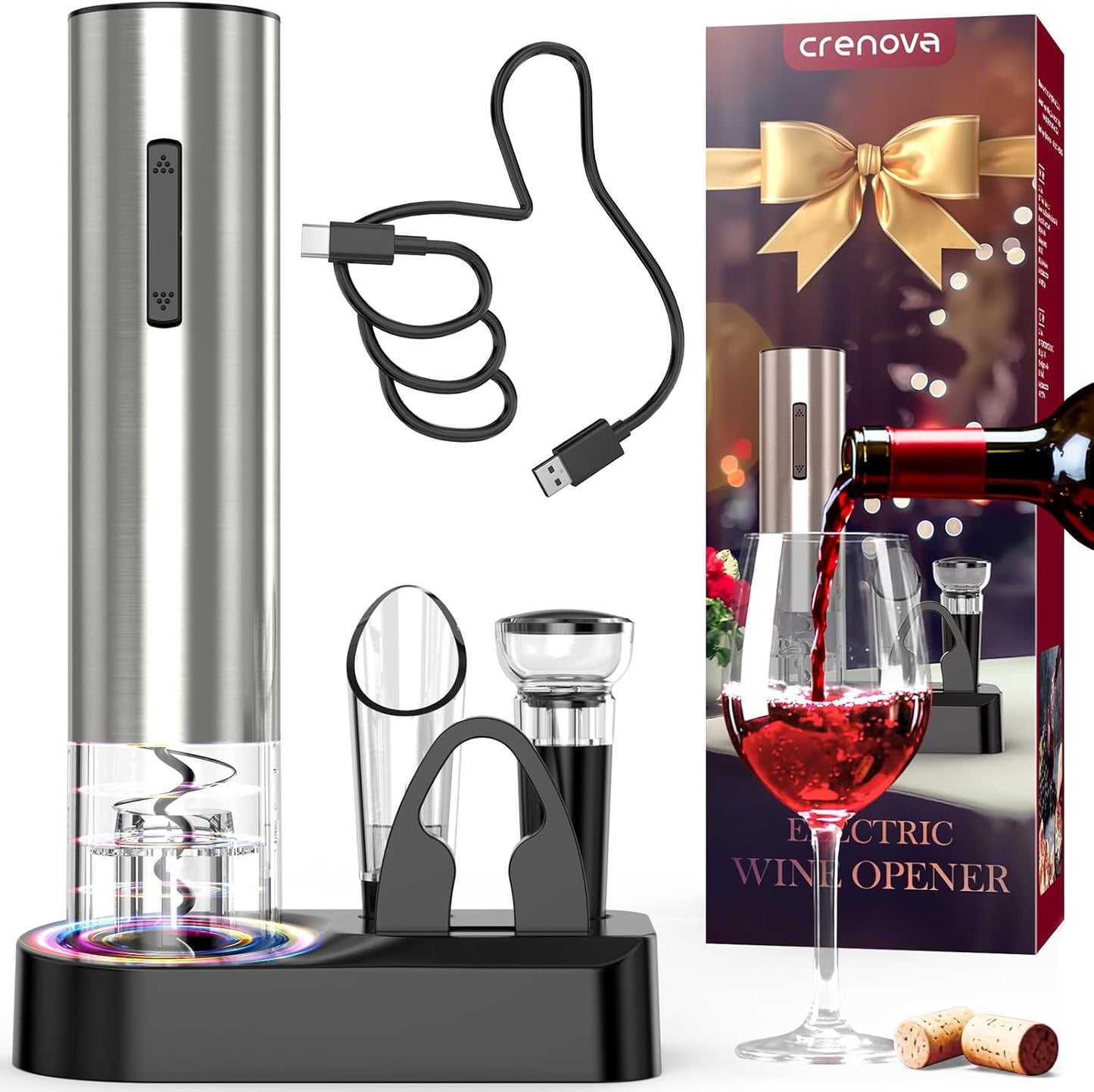Crenova Electric Wine Opener, Rechargeable Wine Bottle Opener, Automatic Corkscrew with Vacuum Stopper, Aerator Pourer, Foil Cutter, Display Base, Gifts for Valentines Day New Home Wedding Birthday