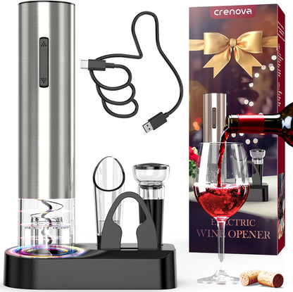 Crenova Electric Wine Opener, Rechargeable Wine Bottle Opener, Automatic Corkscrew with Vacuum Stopper, Aerator Pourer, Foil Cutter, Display Base, Gifts for Valentines Day New Home Wedding Birthday