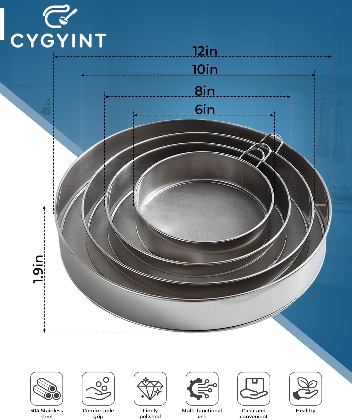4Pcs Fine Mesh Flour Sifters, 4'' 6'' 8'' 10'' Fine Mesh Drum Sieve Strainer Set 60 Mesh Round Baking Sifter for Cakes, Bread, Pastries & Kitchen Baking Supplies