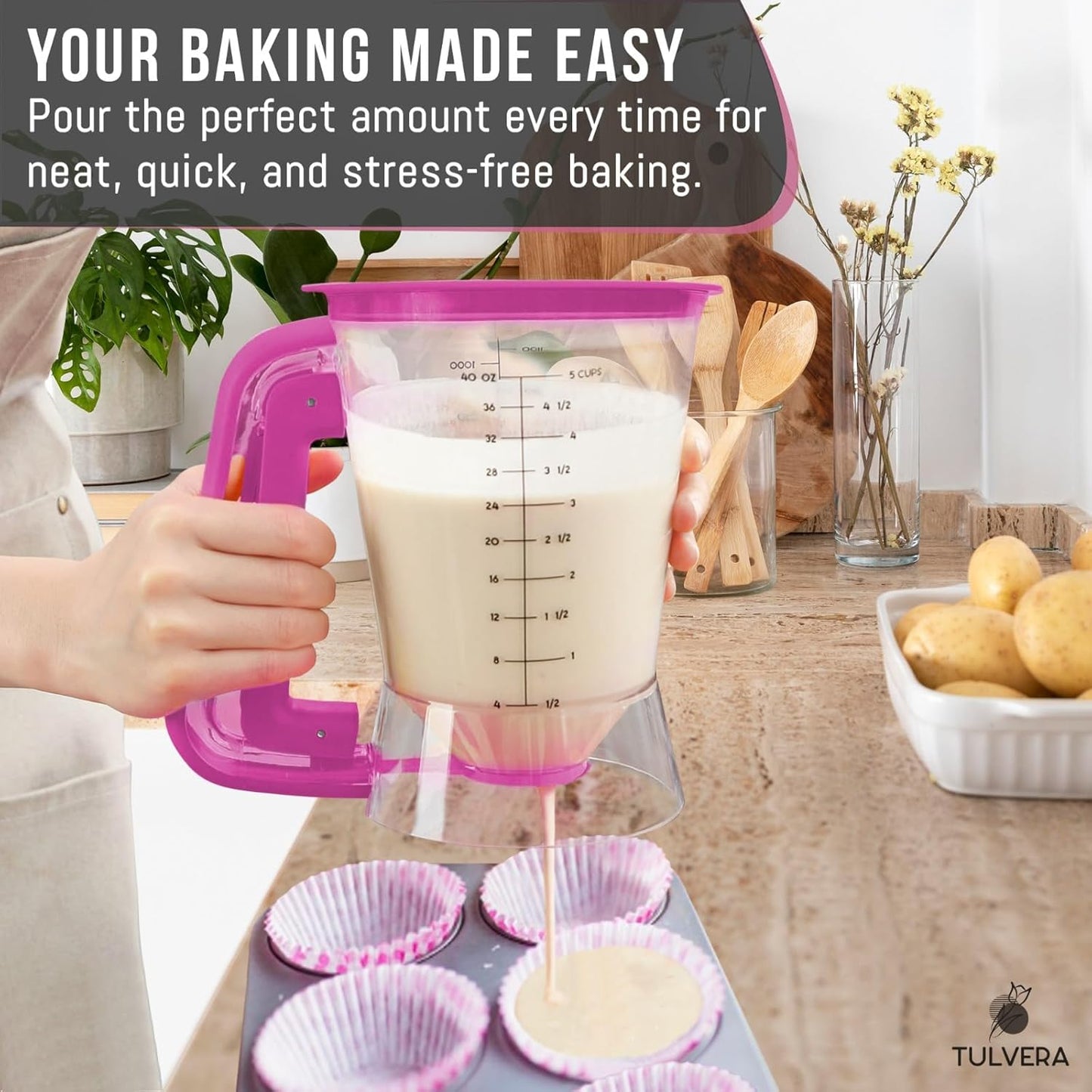 Pancake Batter Dispenser | 5-Cup Mix Pourer for Pancakes, Waffles, Crepes, Muffins, Cupcakes | Squeeze Handle, Portion Control Pitcher, Durable Drip-Free Design | Baking Accessories (Original Black)