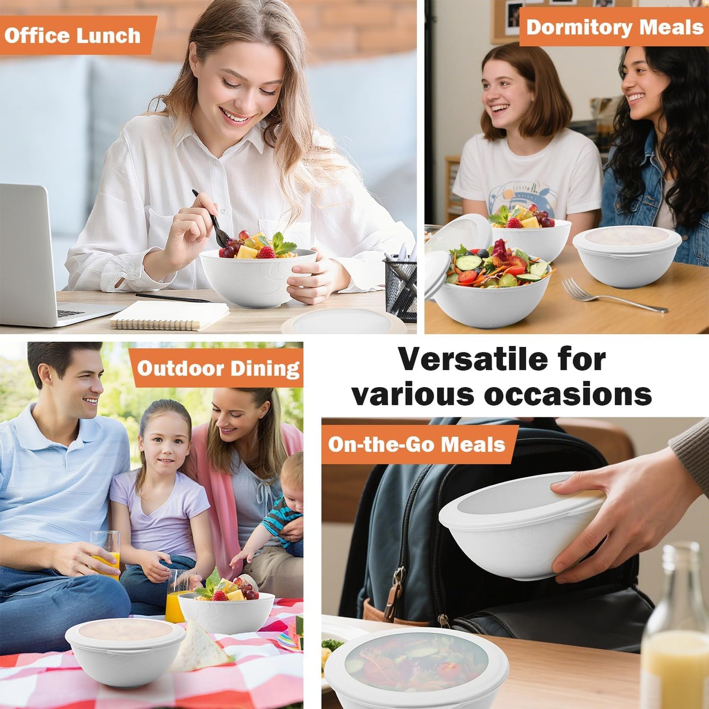 Wheat Straw Bowls Set with Lids, Unbreakable 40 OZ Cereal Bowls Set of 4, Salad Container for Lunch, Microwave & Dishwasher Safe Bowl Set for Kitchen, Picnic, RV, Camping, Multi