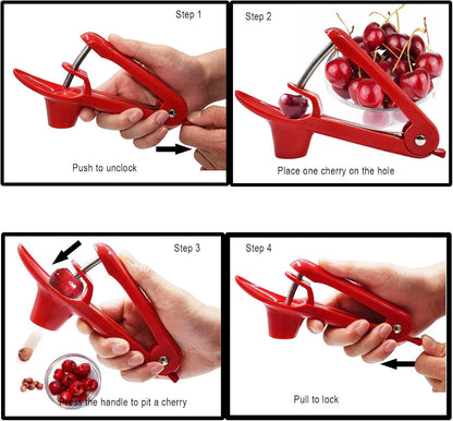 Cherry Pitter, Heavy-Duty Stainless Steel Olive and Cherry Pitters Corer Tool with Space-Saving Lock Design, Multi-Function Cherries Stoner Seed Remover Tool for Making Cherry Jam (Red)