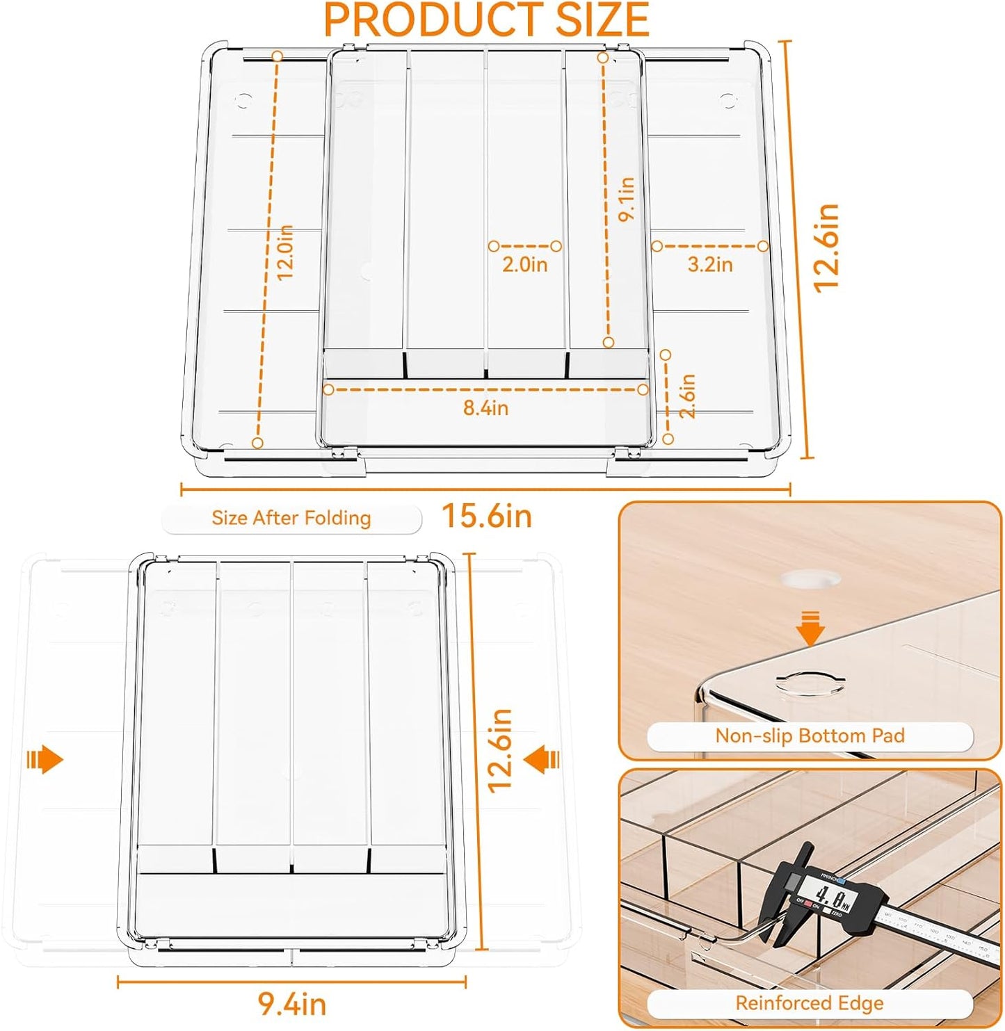 Yieach Clear Expandable Silverware Drawer Organizer,9.4-15.6In Adjustable Silverware Tray for Drawer,Acrylic Kitchen Utensil Drawer Organizer for Cutlery,Flatware Organizers and Fork and Spoon Holder