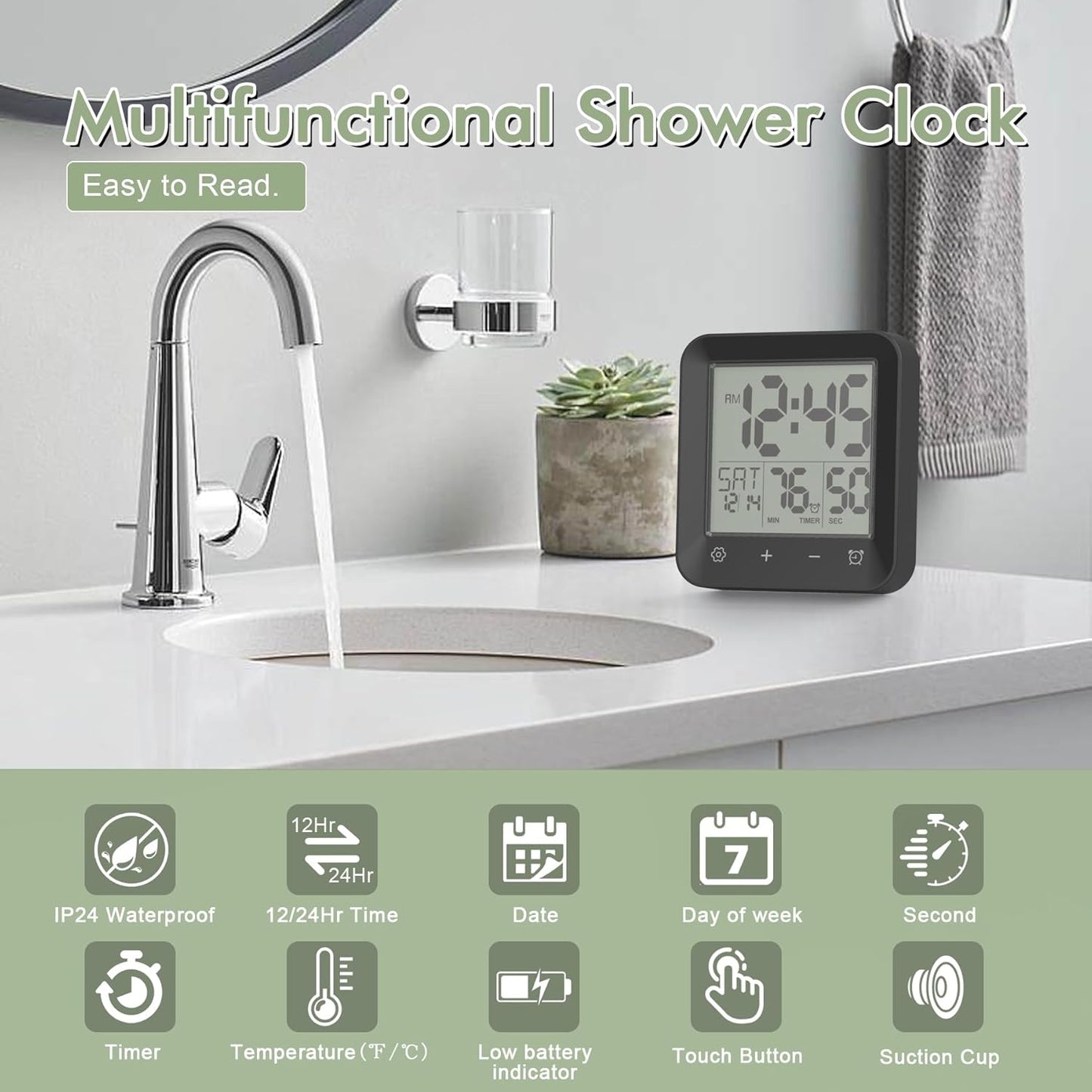 Waterproof Shower Clock, Digital Bathroom Kitchen Wall Clock Timer with Temperature, Touch Screen, Suction, Hanging Hole, Battery Operated, Black