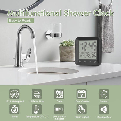 Waterproof Shower Clock, Digital Bathroom Kitchen Wall Clock Timer with Temperature, Touch Screen, Suction, Hanging Hole, Battery Operated, Black