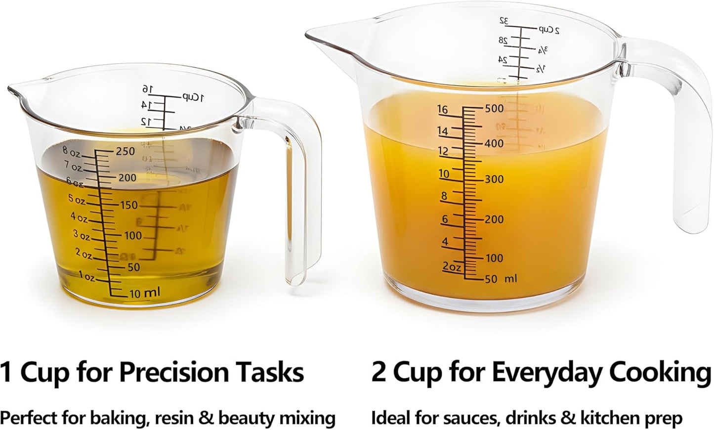 Laser-Etched Measuring Cup Set, 8 oz & 16 oz Clear Plastic Liquid Measuring Cups, Permanent oz/cup/Tbsp/mL Markings, Food-Grade for Baking & Cooking