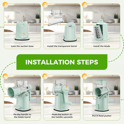 7 IN 1 Upgraded Rotary Cheese Grater with Handle – Vegetable Shredder with Built-in Storage Blade Slot, 5 Versatile Blades, Strong Suction Base Round Mandoline Slicer, Food Chopper for Kitchen