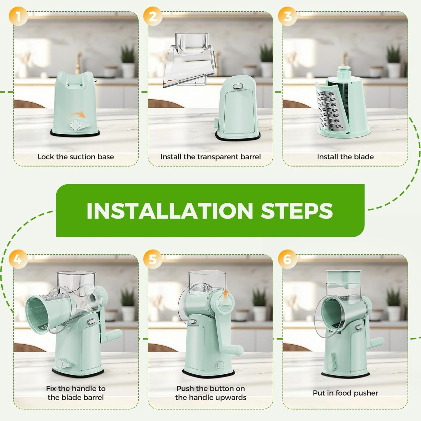 7 IN 1 Upgraded Rotary Cheese Grater with Handle – Vegetable Shredder with Built-in Storage Blade Slot, 5 Versatile Blades, Strong Suction Base Round Mandoline Slicer, Food Chopper for Kitchen