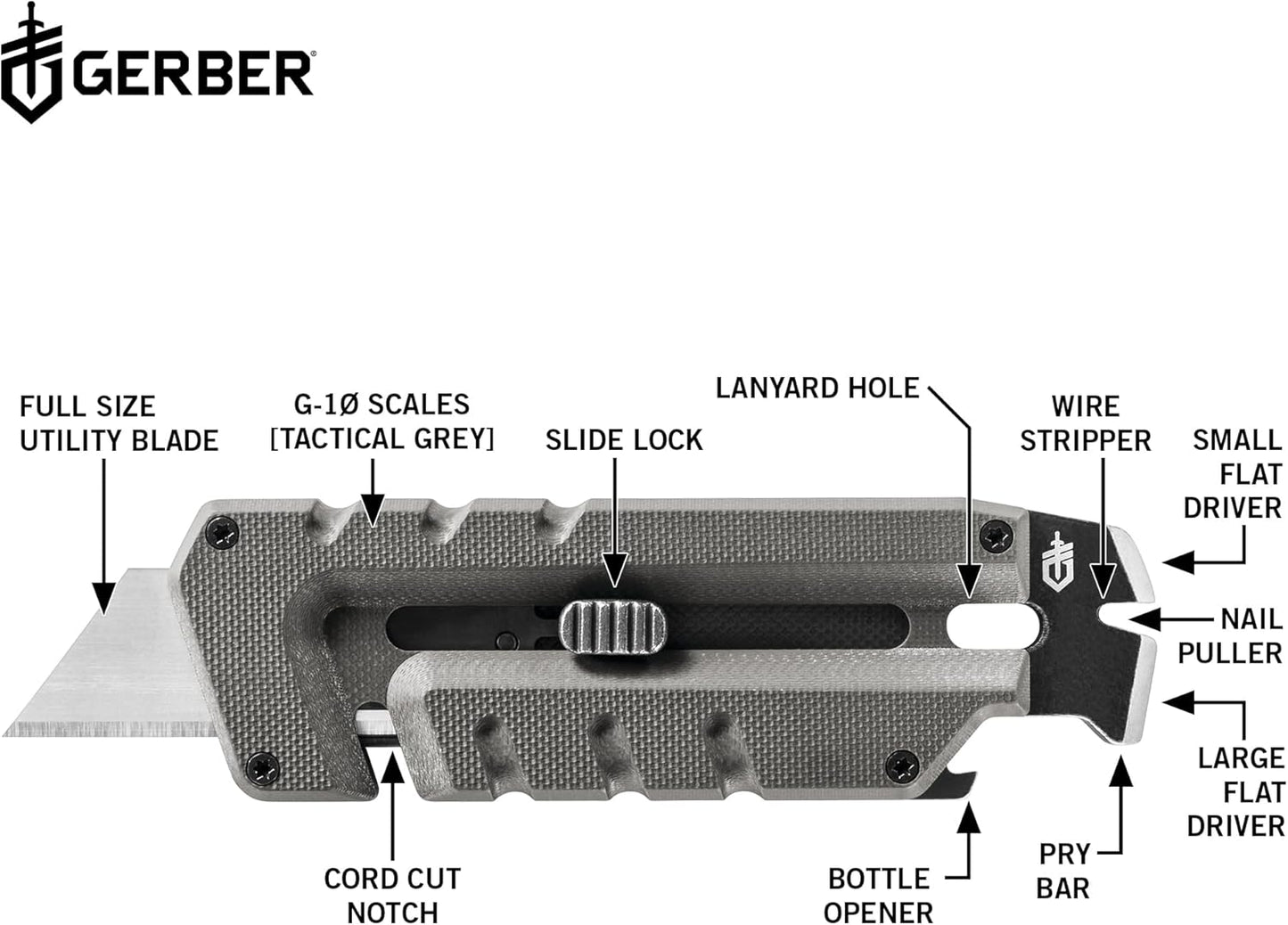 Gerber Gear Prybrid Utility Knife with Pocket Clip, Box Cutter Retractable Blade, Heavy Duty Utility Razor with Pry Bar, Bottle Opener, and Wire Stripper, Multi tool Pocket Knife, Blue with Clip