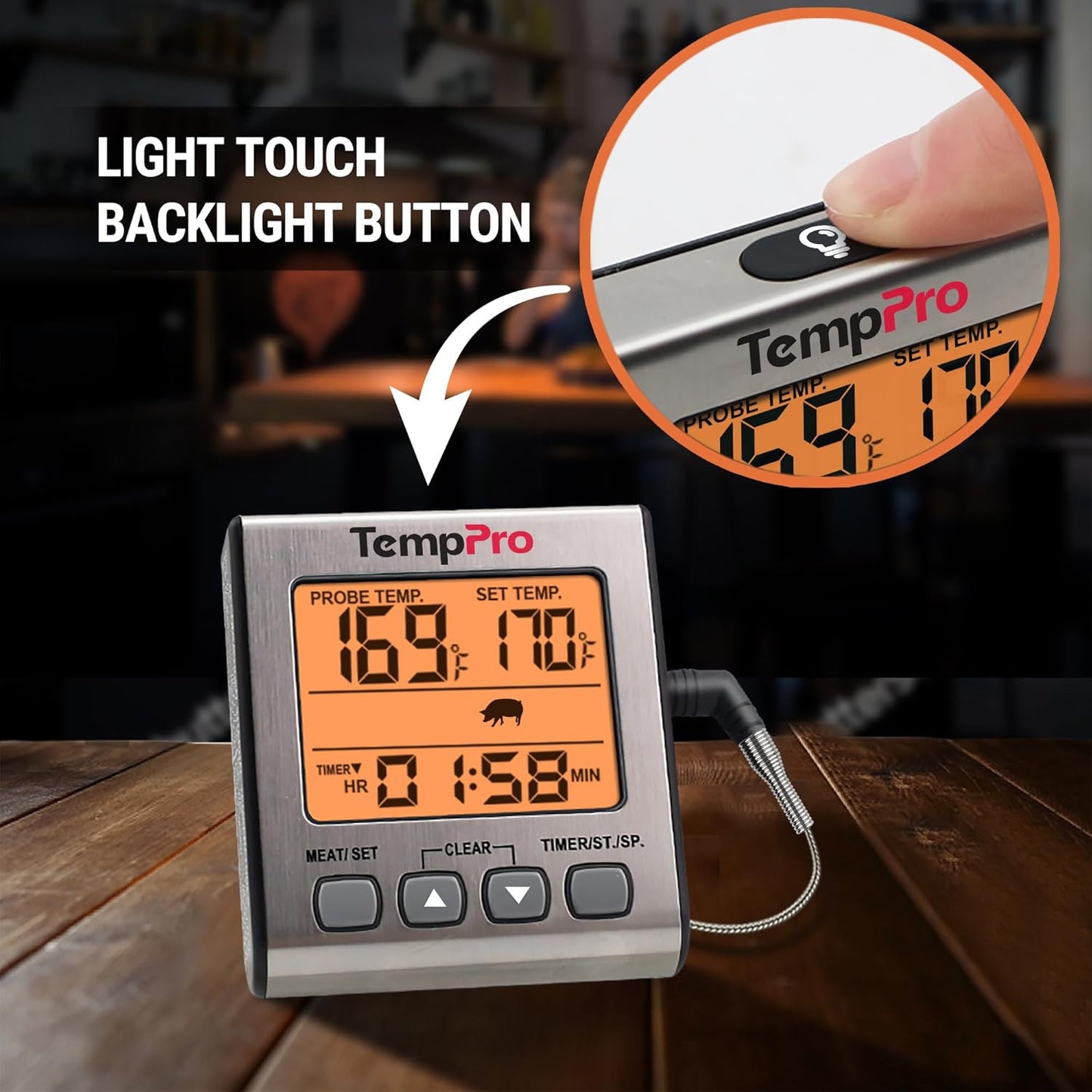 TempPro Digital Meat Thermometer for Cooking and Grilling, BBQ Food Thermometer with Backlight and Kitchen Timer, Grill Temperature Probe Thermometer for Smoker, Oven, Baking,Oil(Previously ThermoPro)