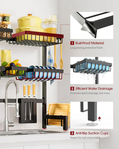 Sakugi Over The Sink Dish Drying Rack, Expandable 2-Tier Stainless Steel Kitchen Storage Organization Accessories for Countertop, Rustproof & Space-Saving, 30"–34.5" L x 12" W x 25" H, Black