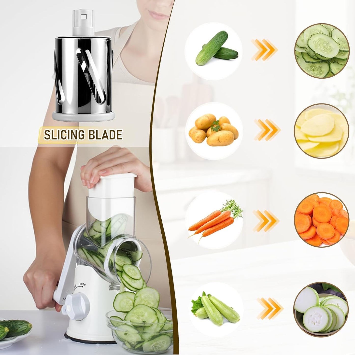 Rotary Cheese Grater, Hand Kitchen Crank Shredder Speed Mandolin Slicer Nuts Grinder with Handle and Drum Blades for Fresh Cheese, Vegetable, Fruit, Nuts, Non-slip Suction Base, 3 Blades