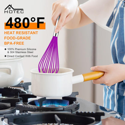 HOTEC 4 Pieces Silicone Whisks Set, Wire Balloon Whisks for cooking Egg Beater, Non-slip Handle Whisk for Non-stick Cookware Perfect for Cooking, Stirring, Beating and Blending (Multicolor)