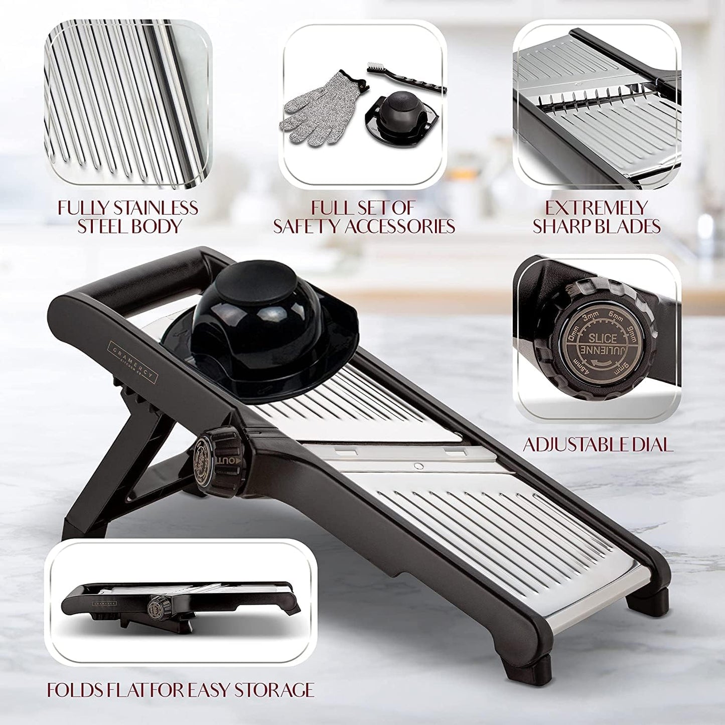 Gramercy Adjustable Mandoline Food Slicer, Mandoline Slicer for Kitchen, Mandolin, Potato, Tomato, Carrot, Vegetable, Fruit and Onion Cutter - Stainless Steel - INCLUDING 1 Pair Cut-Resistant Gloves