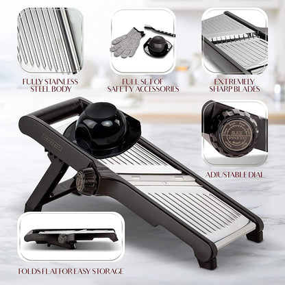 Gramercy Adjustable Mandoline Food Slicer, Mandoline Slicer for Kitchen, Mandolin, Potato, Tomato, Carrot, Vegetable, Fruit and Onion Cutter - Stainless Steel - INCLUDING 1 Pair Cut-Resistant Gloves