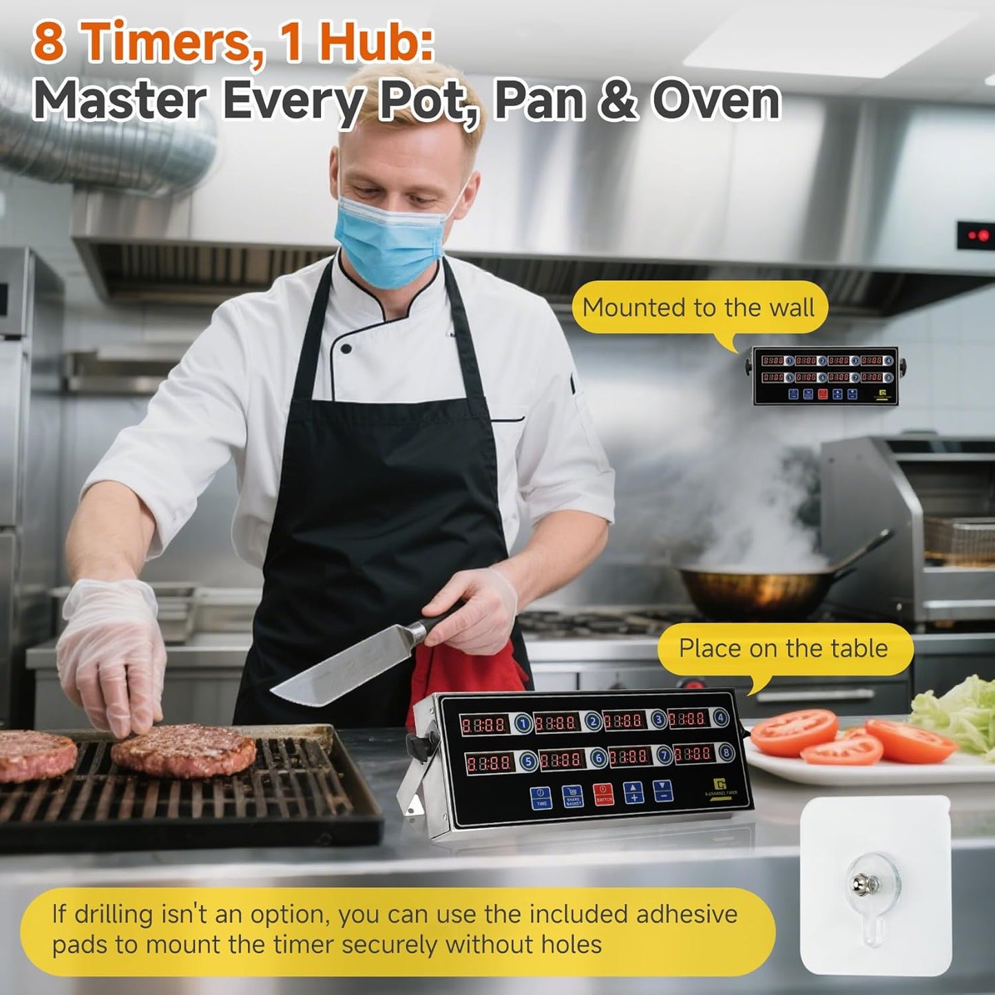 Commercial Kitchen Timers for Cooking, 8 Channel Timer for Commercial Kitchens, Heavy-Duty Loud Alarm Timer for Restaurants, Stainless Steel, LED Technology