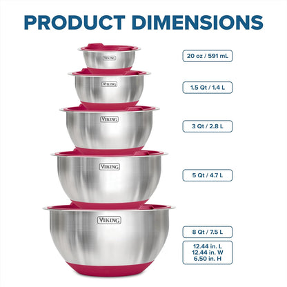 Viking Mixing Bowls Set, 10 Piece Stainless Steel Kitchen Cookware, Non-Slip Silicone Base, Includes Tight Fit Lids, Dishwasher Safe, Black