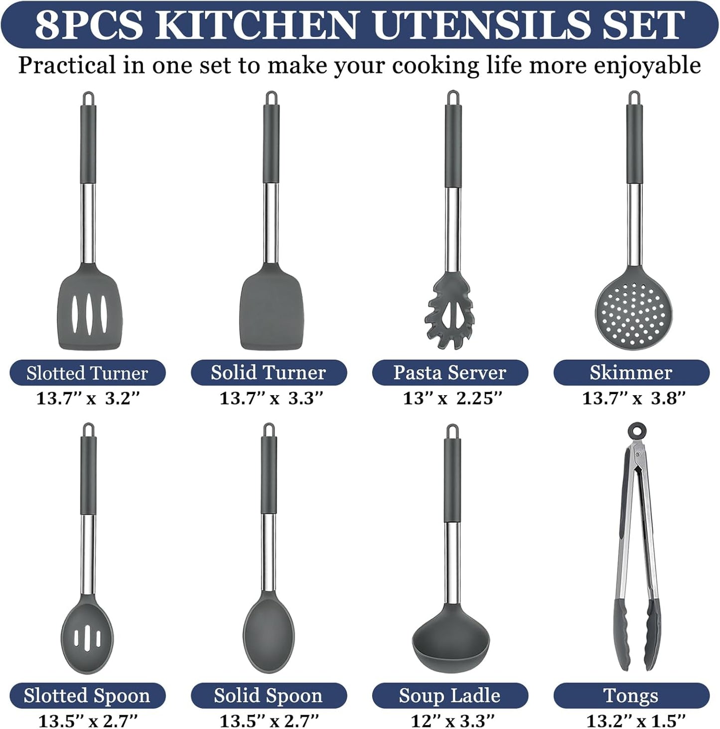 TeamFar Kitchen Utensils Set of 8, Silicone Utensils Kitchen Tools Set with Stainless Steel Handle, for Frying Serving Flipping Draining, Non-toxic & Heatproof, Nonstick & Dishwasher Safe - Black
