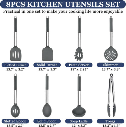 TeamFar Kitchen Utensils Set of 8, Silicone Utensils Kitchen Tools Set with Stainless Steel Handle, for Frying Serving Flipping Draining, Non-toxic & Heatproof, Nonstick & Dishwasher Safe - Black