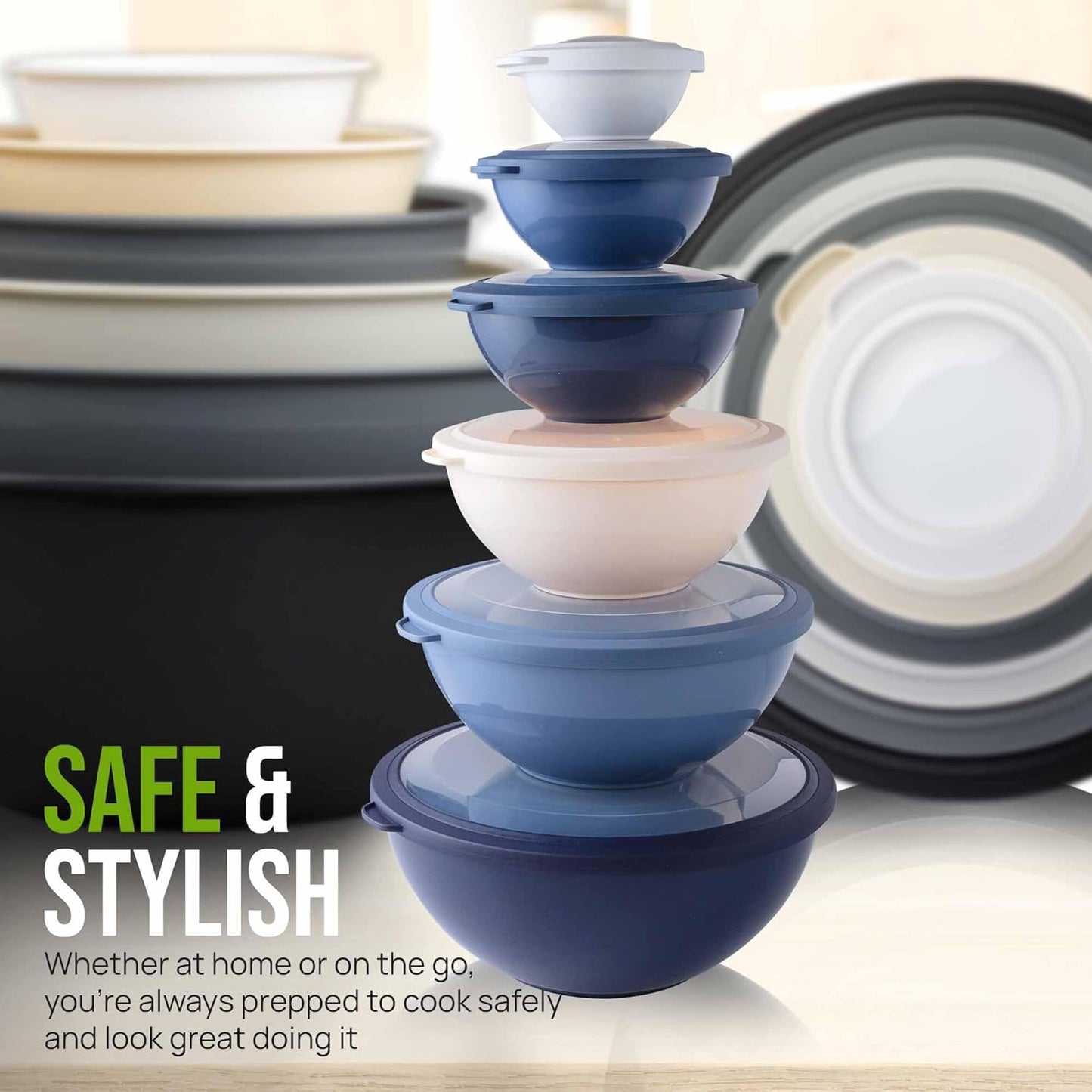 Zulay Kitchen 12 Piece Plastic Mixing Bowls with Lids Set - Leak-Proof Microwave & Freezer Safe Stackable Mixing Bowl Set for Preparing, Serving and Storing - Non-Slip Large Nesting Bowls (Blue Ombre)
