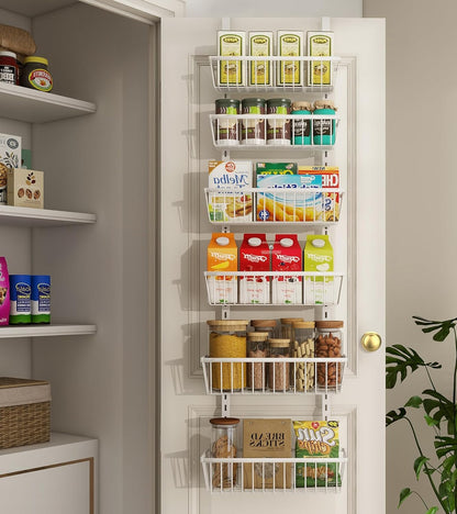 Mefirt White 9-Tier Over The Door Pantry Organizer, Pantry Organization and Storage, Deep Baskets Hanging Heavy-Duty Metal, Wall Spice Rack Seasoning Shelves for Home & Kitchen, Laundry Room Bathroom