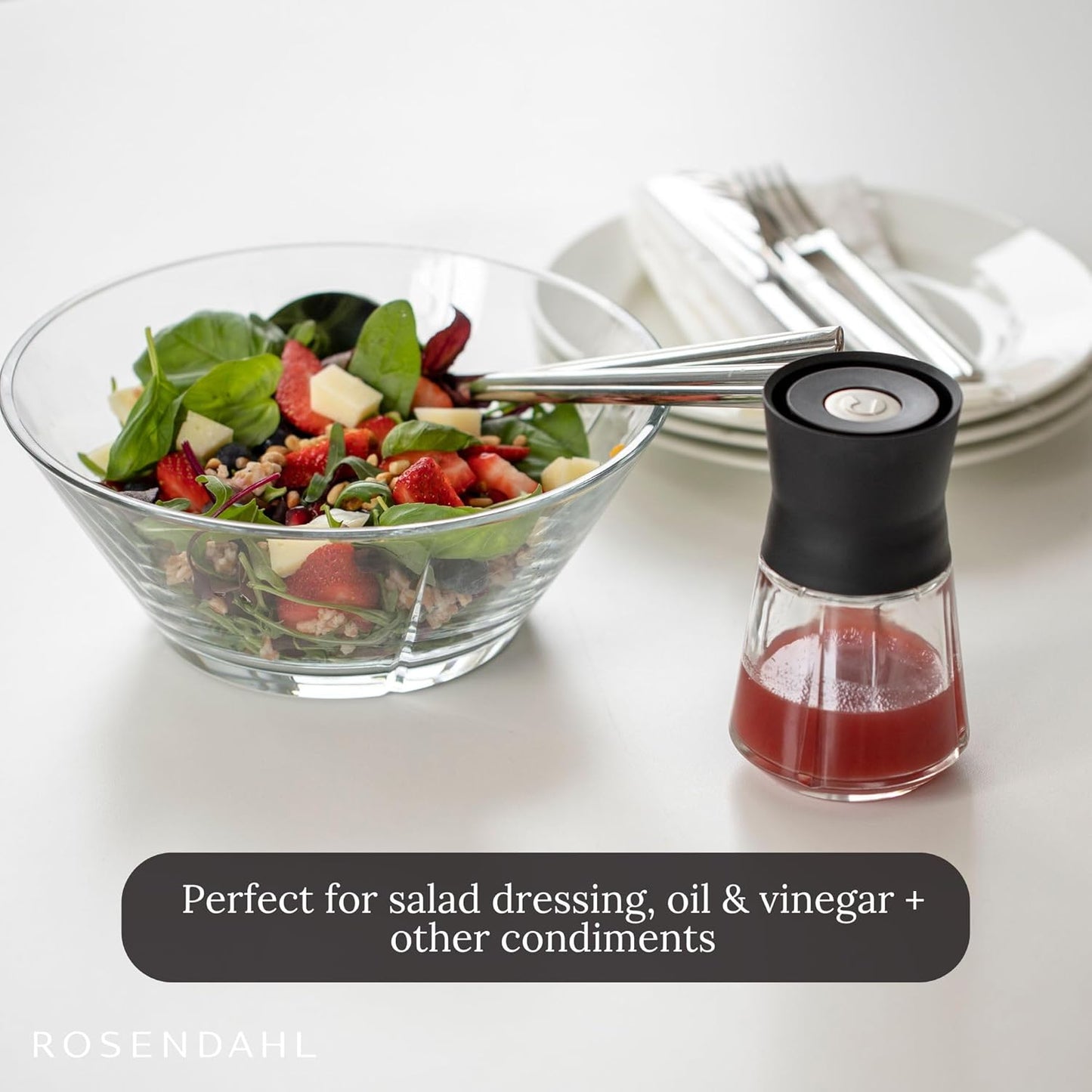 Rosendahl Grand Cru 8.5 Oz Dressing Shaker - Elegant Black Glass Container with Push-Button Lid, 360-Degree Spout for Easy Pouring, Leak-Proof, Multifunctional Kitchen Essential for Homemade Dressings
