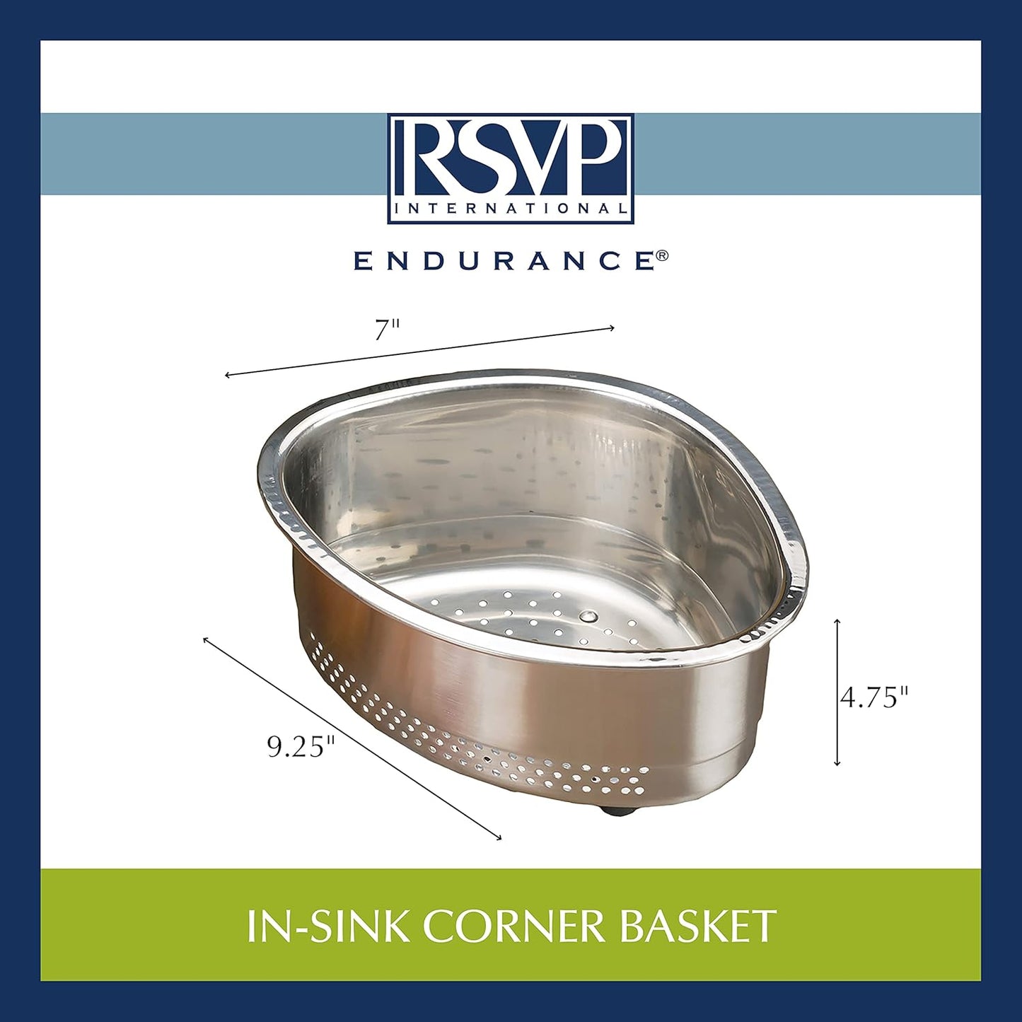 RSVP International Endurance® In-Sink Mesh Colander Strainer Basket, 3 Quart | Organize Sponges, Collect Food Scraps | Dishwasher Safe | Small Corner Basket | Steaming, Draining & Rinsing
