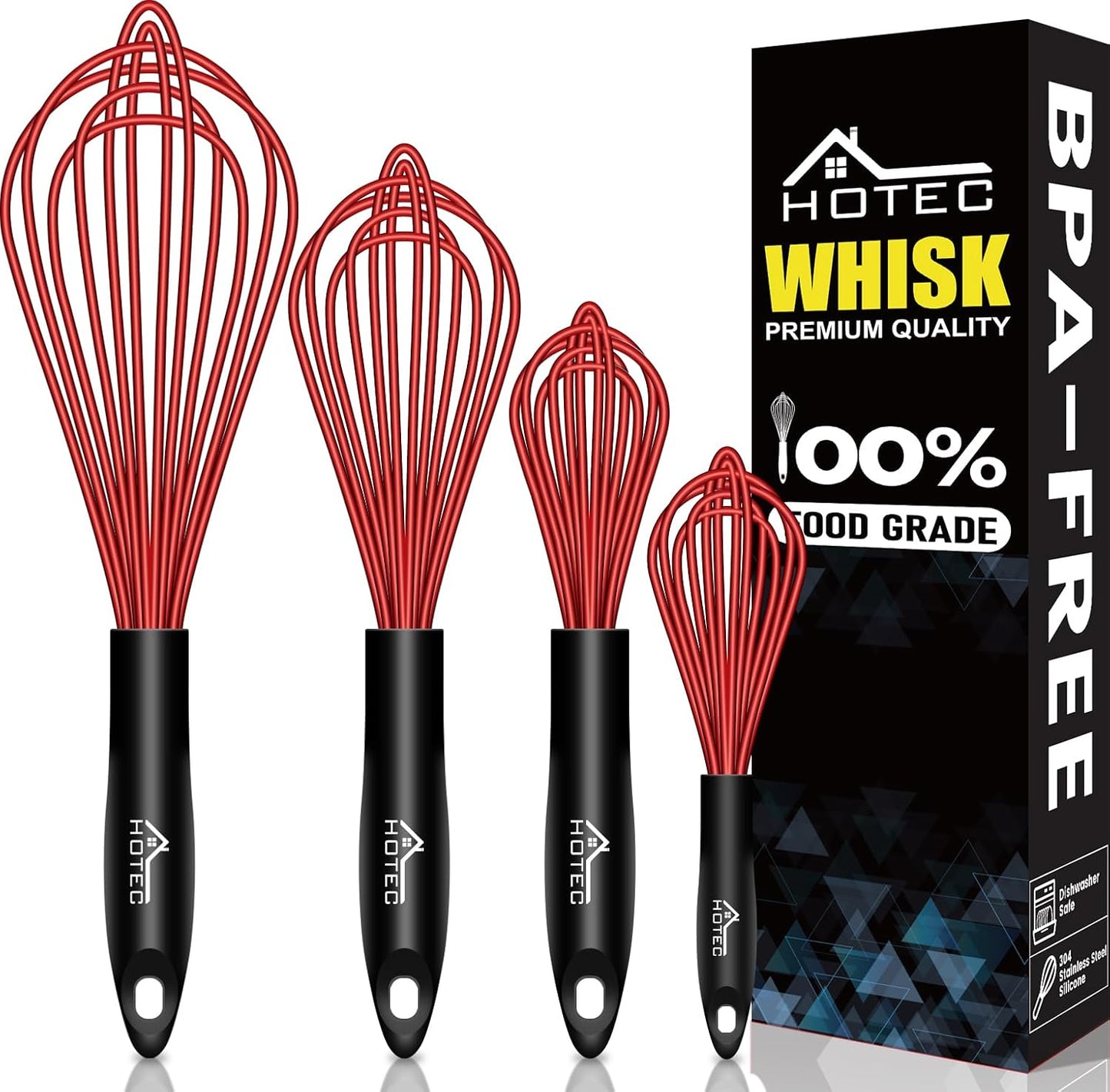 HOTEC 4 Pieces Silicone Whisks Set, Wire Balloon Whisks for cooking Egg Beater, Non-slip Handle Whisk for Non-stick Cookware Perfect for Cooking, Stirring, Beating and Blending (Multicolor)
