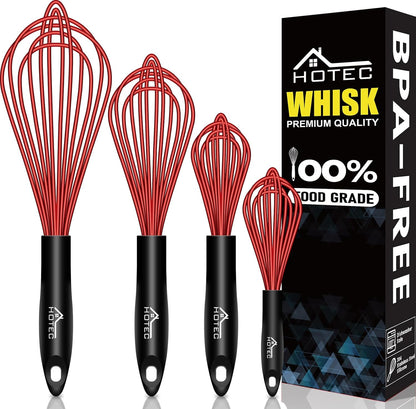 HOTEC 4 Pieces Silicone Whisks Set, Wire Balloon Whisks for cooking Egg Beater, Non-slip Handle Whisk for Non-stick Cookware Perfect for Cooking, Stirring, Beating and Blending (Multicolor)