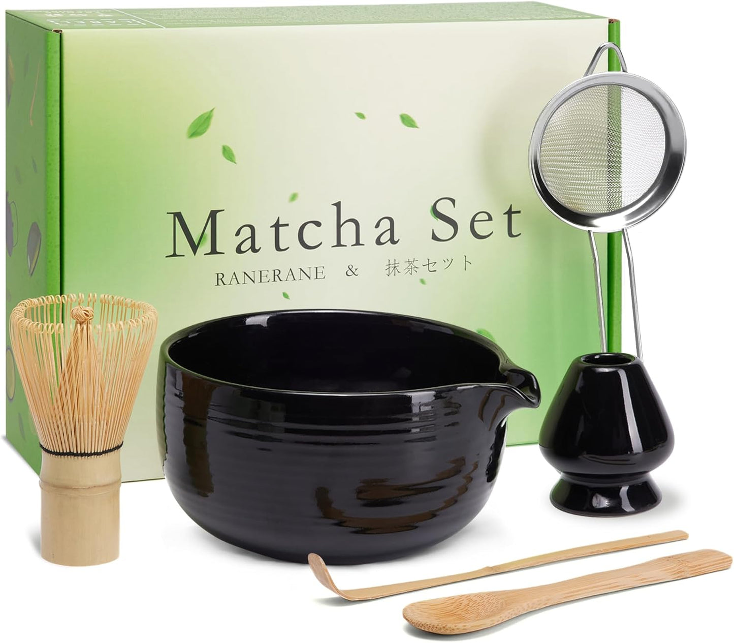 6-Piece Matcha Set, Matcha Whisk (Chasen) & Holder, Matcha Bowl with Spout, Sifter & Spoon, Bamboo & Ceramic, Dark Green