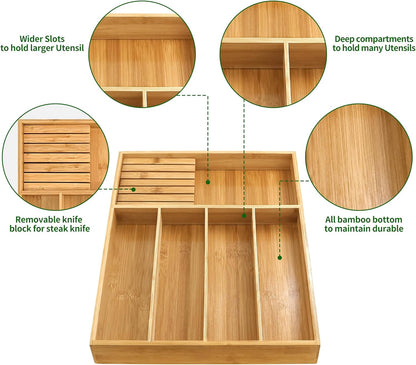 VaeFae Bamboo Silverware Drawer Organizer Kitchen, Expandable Utensil Organizer with Knife Block, Cutlery Tray with Divider, Multifunctional Drawer Organizer (Black)