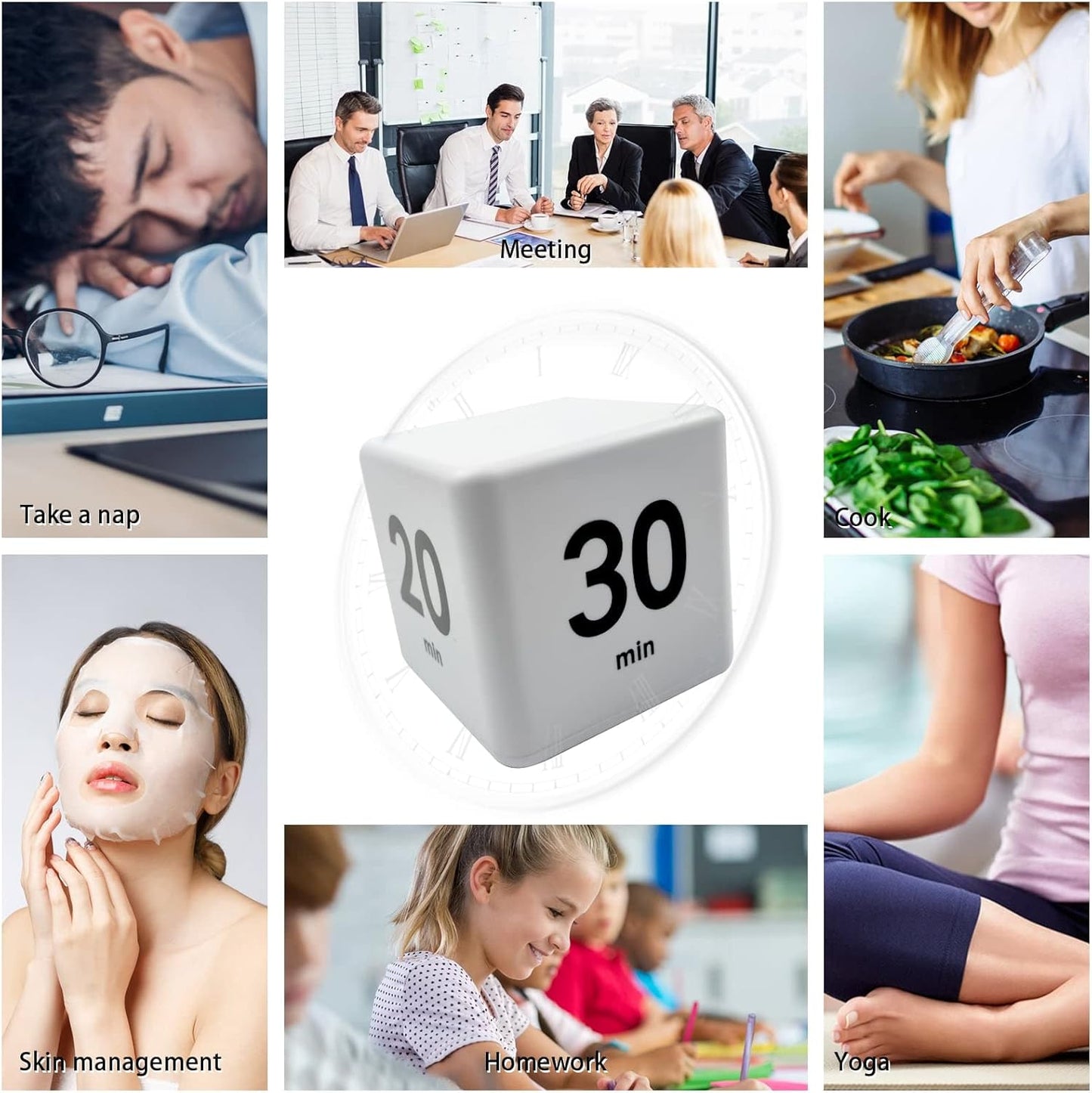 Feilifan Cube Timer, Productivity Cube Rotating Timer for Kitchen Studying Workout Classroom Kids ADHD 1-3-5-10 Minute Preset, White
