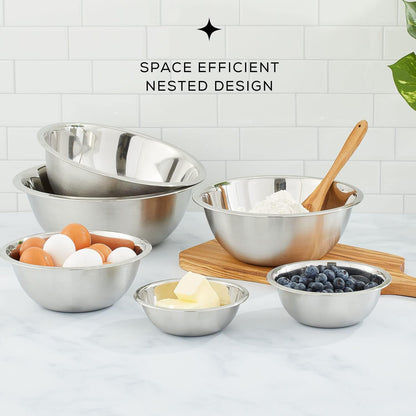 JoyJolt Stainless Steel Mixing Bowl Set of 6-5qt to 0.5qt Nesting Bowls for Dough, Batter & Baking