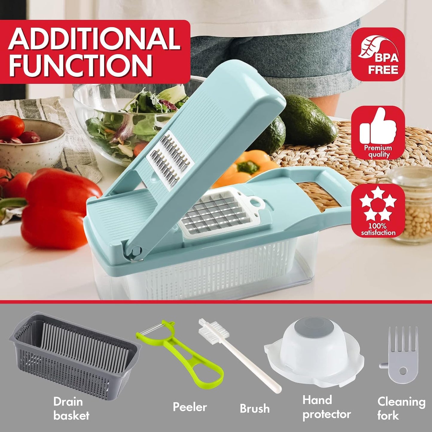 Ourokhome Vegetable Chopper Onion Cutter, 14 in 1 Professional Mandolin Slicer for Kitchen, Multifunctional Food Chopper for Potato, Tomato, Veggie with Strainer Basket, 10 Blades, Gray