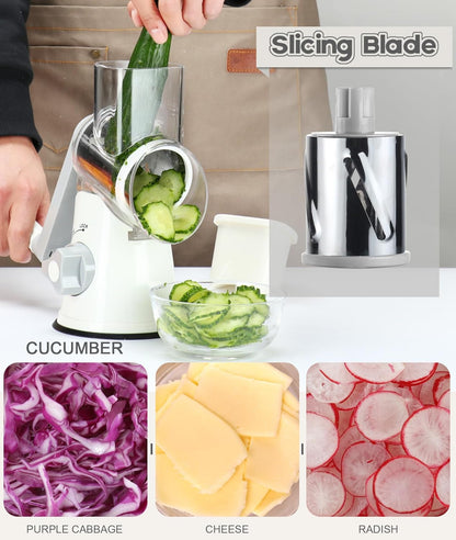 Ourokhome Rotary Cheese Grater Hand Crank, Kitchen Shredder Speed Mandolin Slicer Nut Grinder with Handle and Drum Blades for Cheese, Vegetable, Walnut, Chocolate, Potato, Carrot, 3 Blades, Dark Blue