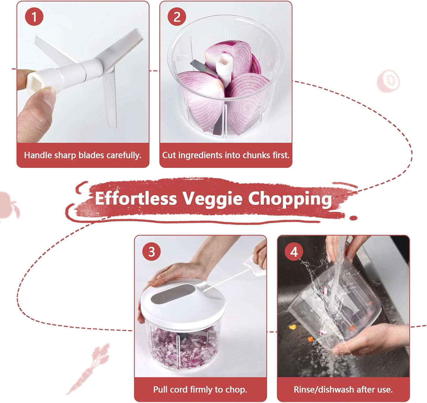 Manual Food Processor 1000ML Large Capacity Pull String Vegetable Chopper Onion Cutter for Salsa Nuts Pesto Herbs Easy to Clean Kitchen Gadget Black