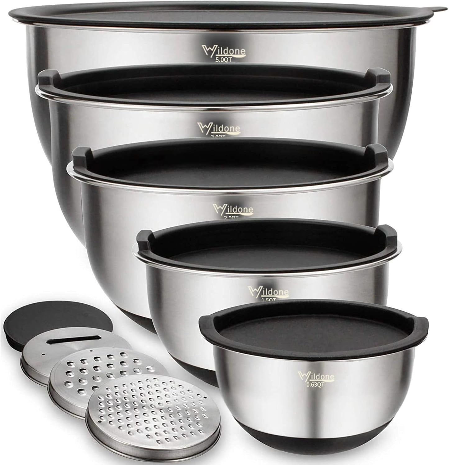 Wildone Mixing Bowls with Airtight Lids Set, 5PCS Stainless Steel Khaki Nesting Bowls for Kitchen, with Grater Attachments & Non-Slip Bottoms, Size 5, 3, 2, 1.5, 0.63 QT, Great for Mixing & Serving