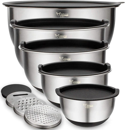 Wildone Mixing Bowls with Airtight Lids Set, 5PCS Stainless Steel Khaki Nesting Bowls for Kitchen, with Grater Attachments & Non-Slip Bottoms, Size 5, 3, 2, 1.5, 0.63 QT, Great for Mixing & Serving
