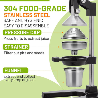 Cast Iron Juicer,Manual Juicer Hand Press,Professional Citrus Juicer,with Stainless Steel Cup,Easy to Use & Clean,Heavy Duty Stainless Steel Manual Juicer For Orange Juice,Pomegranate,Lemon(Black)
